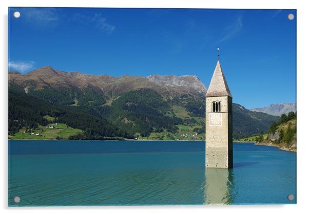 Tower of sunken church in Lago di Resia, Italy Acrylic by Claudio Del Luongo