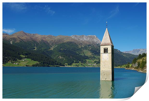 Tower of sunken church in Lago di Resia, Italy Print by Claudio Del Luongo