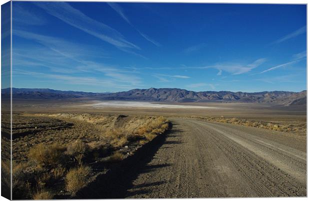 Desert road to salt flats and mountain chains, Nev Canvas Print by Claudio Del Luongo