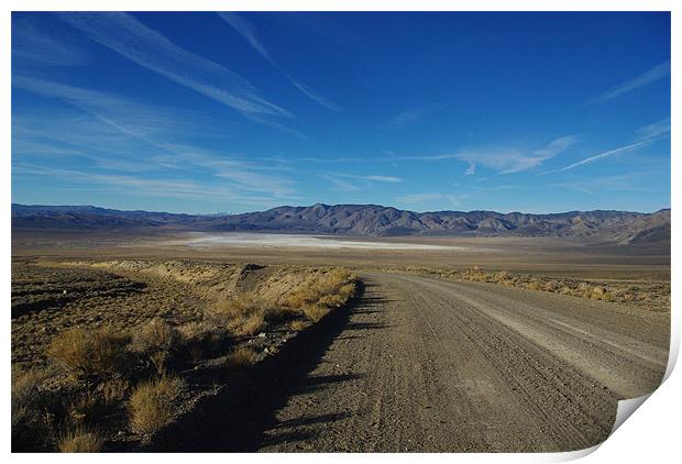 Desert road to salt flats and mountain chains, Nev Print by Claudio Del Luongo