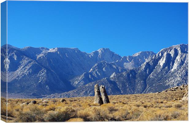 Bizarre rock tower couple and Sierra Nevada, Calif Canvas Print by Claudio Del Luongo