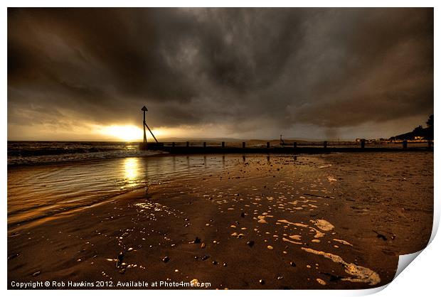 Sunset over the Groynes Print by Rob Hawkins