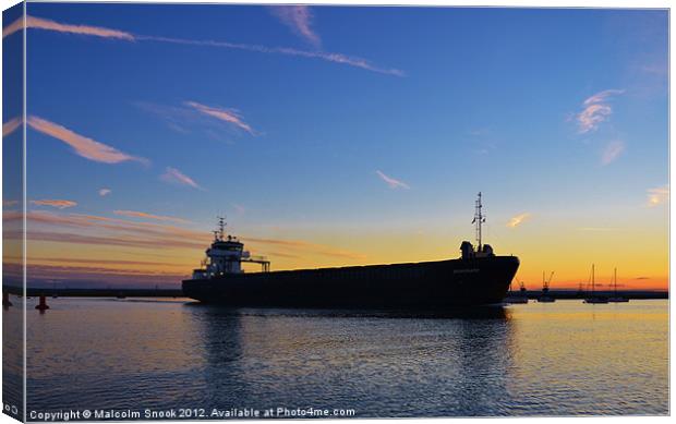 Cargo Ship Leaving The Swale Canvas Print by Malcolm Snook