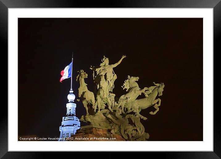 Bronze horses and the flag of France Framed Mounted Print by Louise Heusinkveld