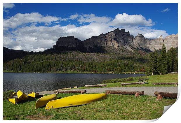 Yellow canoes and Brooks Lake, Wyoming Print by Claudio Del Luongo