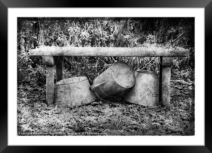 Zink tubs under bench in autumn Framed Mounted Print by Kathleen Smith (kbhsphoto)