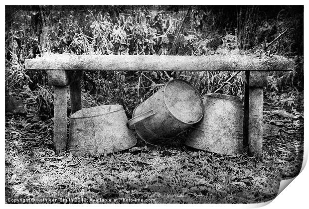 Zink tubs under bench in autumn Print by Kathleen Smith (kbhsphoto)