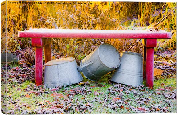 Zinc tubs under bench in autumn Canvas Print by Kathleen Smith (kbhsphoto)