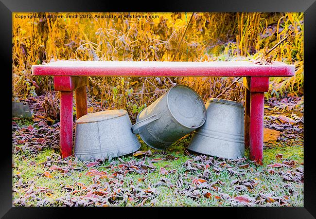 Zinc tubs under bench in autumn Framed Print by Kathleen Smith (kbhsphoto)