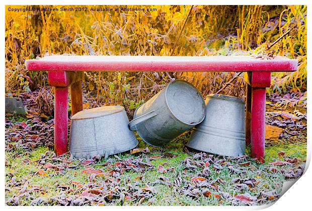 Zinc tubs under bench in autumn Print by Kathleen Smith (kbhsphoto)