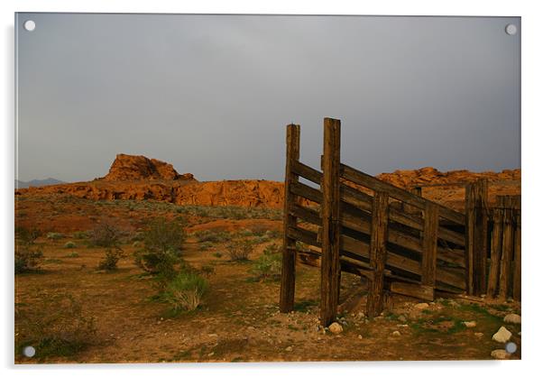 Old corral and red rocks Acrylic by Claudio Del Luongo