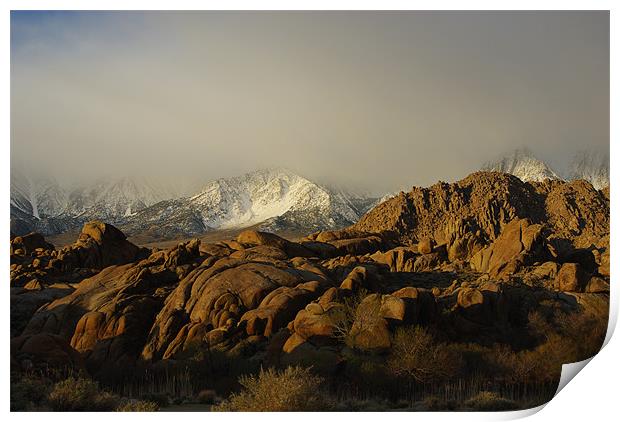 Sun and fog on rocks and Sierra Print by Claudio Del Luongo