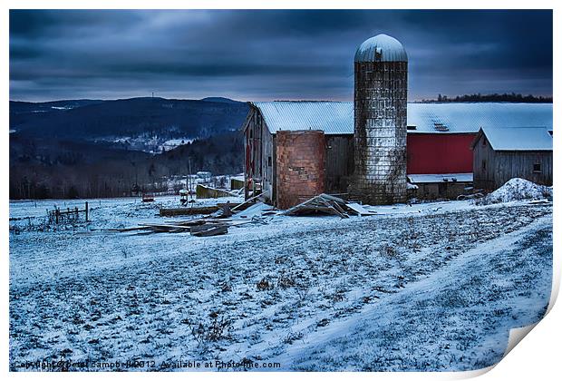 Old Barn On Snow Covered Hill Print by peter campbell