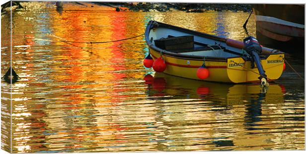 Yellow Boat and Reflections Mousehole. Canvas Print by Dave Bell
