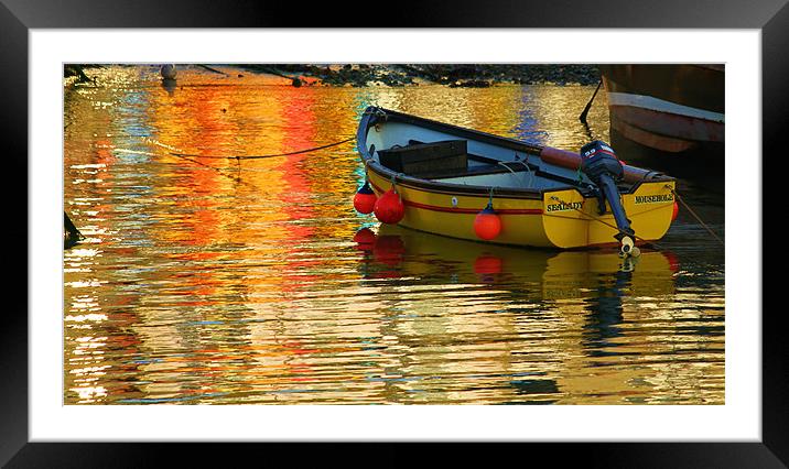 Yellow Boat and Reflections Mousehole. Framed Mounted Print by Dave Bell