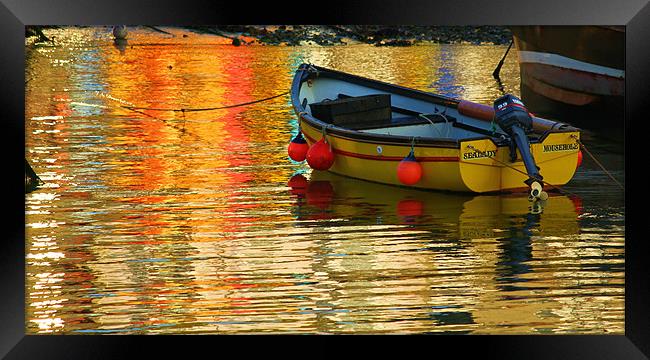 Yellow Boat and Reflections Mousehole. Framed Print by Dave Bell