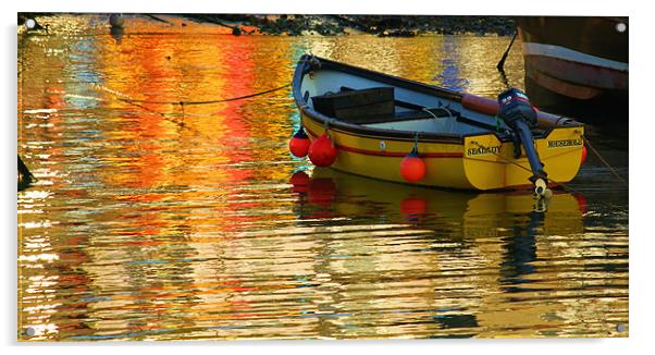 Yellow Boat and Reflections Mousehole. Acrylic by Dave Bell