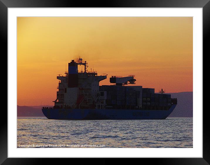 Container ship sunset Framed Mounted Print by Malcolm Snook