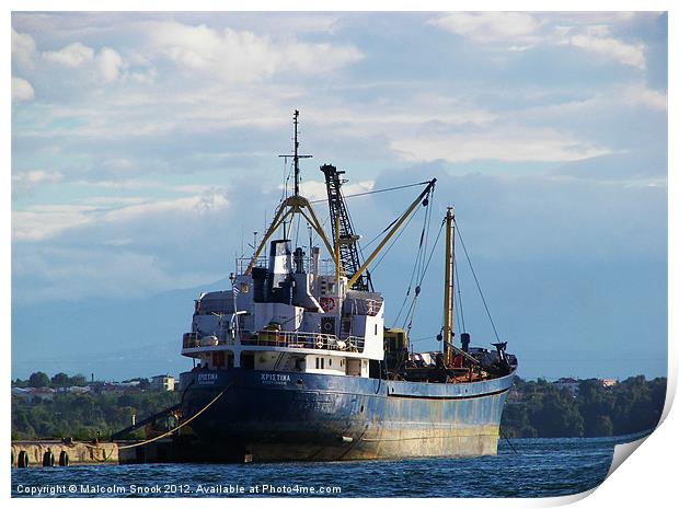 Cargo ship in the islands Print by Malcolm Snook