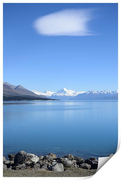 View on Mount Cook from Pukaki lake Print by Michelle PREVOT