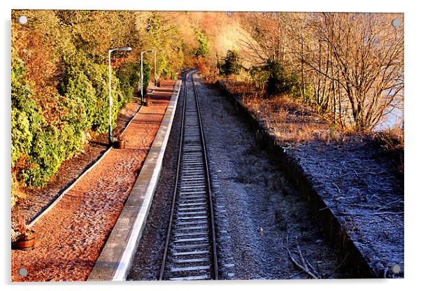 Snowy Train Tracks at Lock Awe, Scotland Acrylic by Elaine Steed