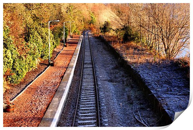 Snowy Train Tracks at Lock Awe, Scotland Print by Elaine Steed