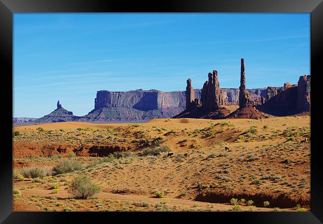 Horses, sand and rock towers, Monument Valley Framed Print by Claudio Del Luongo