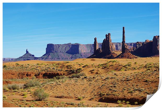 Horses, sand and rock towers, Monument Valley Print by Claudio Del Luongo