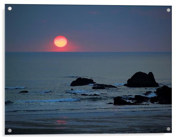 Pink Sun on Blue Beach Acrylic by Dave Bell