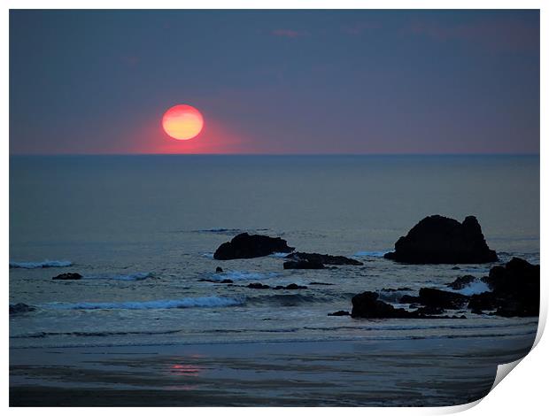 Pink Sun on Blue Beach Print by Dave Bell