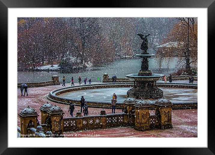Snow falls on Bethesda Terrace Framed Mounted Print by Chris Lord