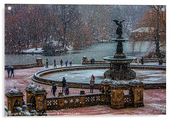 Snow falls on Bethesda Terrace Acrylic by Chris Lord