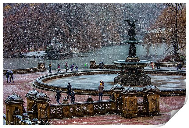 Snow falls on Bethesda Terrace Print by Chris Lord