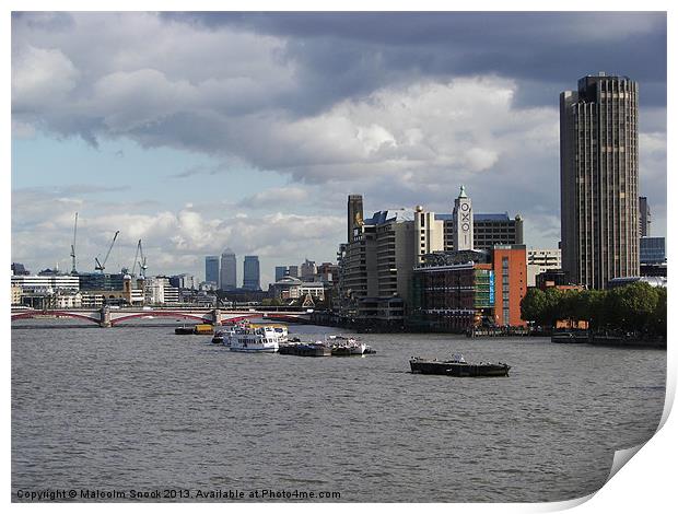 Oxo building to Canary Wharf Print by Malcolm Snook