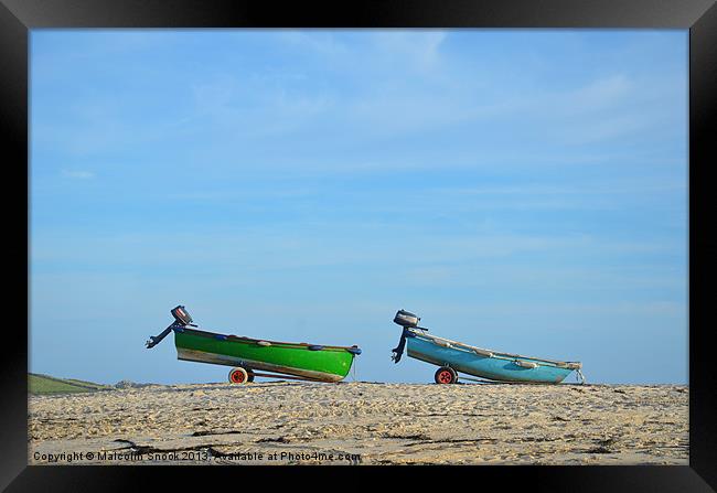 Dinghies on the beach Framed Print by Malcolm Snook
