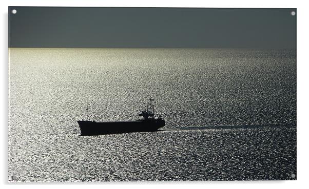 Black Cargo Boat On Silver Sea Acrylic by Dave Bell