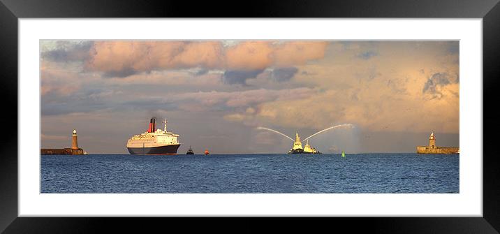 Coast - QE2 meets welcome tugs on the Tyne  Framed Mounted Print by David Turnbull