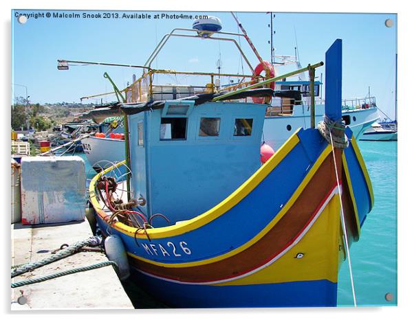 Colourful Maltese Fishing Boat Acrylic by Malcolm Snook