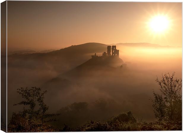 Misty Sunrise at Corfe Castle Canvas Print by Andrew Bannister