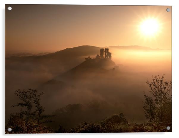 Misty Sunrise at Corfe Castle Acrylic by Andrew Bannister