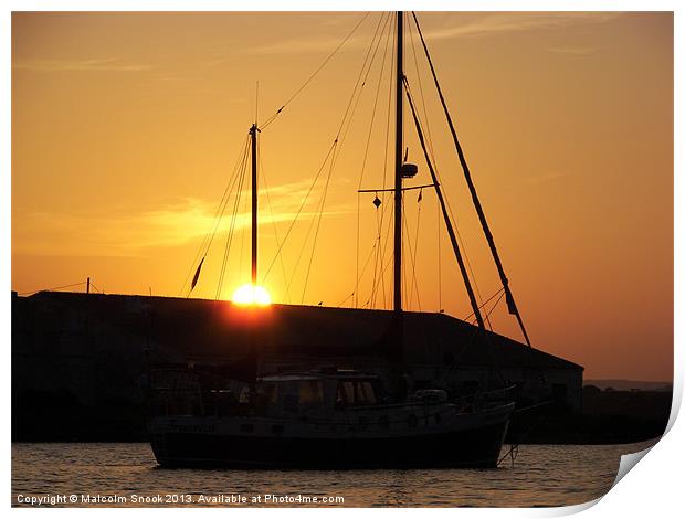 Ketch at sunset Print by Malcolm Snook