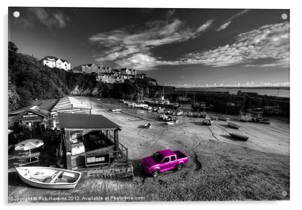 Newquay Harbour Pink Pickup Acrylic by Rob Hawkins