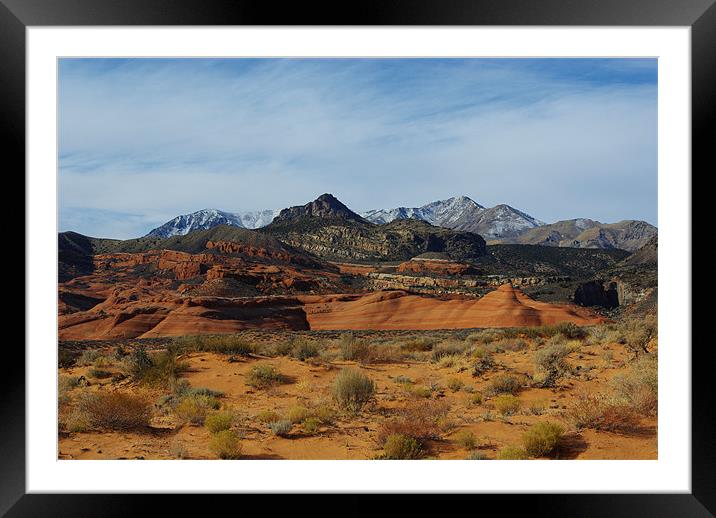 Orange sand, red rocks and Henry Mountains, Utah Framed Mounted Print by Claudio Del Luongo