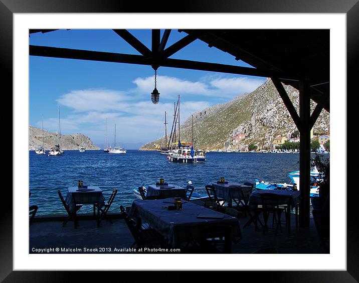 Yachts Anchored Outside Restaurant Framed Mounted Print by Malcolm Snook