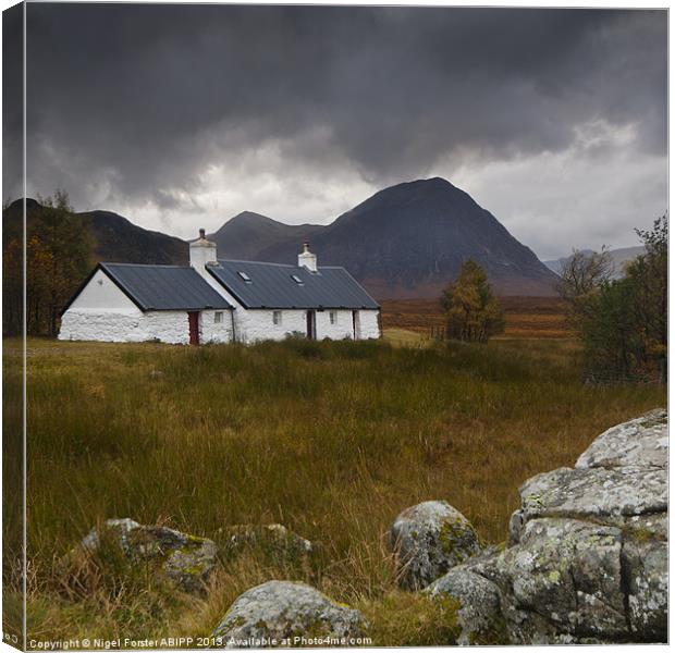 Black Cottage Glencoe Canvas Print by Creative Photography Wales