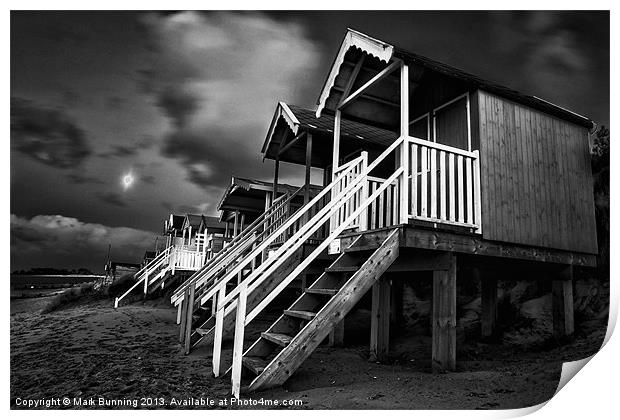 Wells beach huts in black and white Print by Mark Bunning