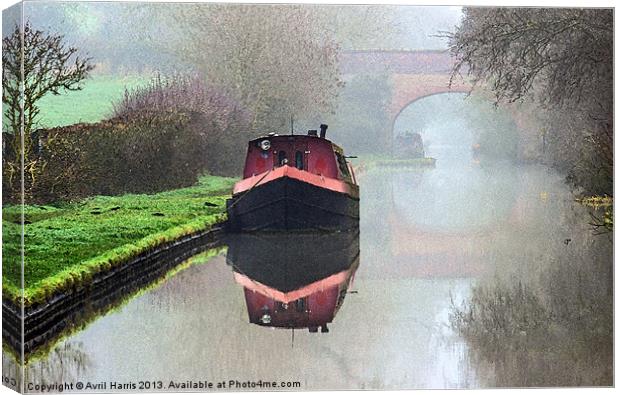 Foggy day on the Canal. Canvas Print by Avril Harris