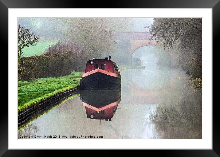 Foggy day on the Canal. Framed Mounted Print by Avril Harris