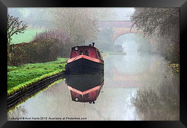 Foggy day on the Canal. Framed Print by Avril Harris
