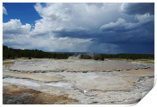 Mud pool and gray skies, Yellowstone Print by Claudio Del Luongo